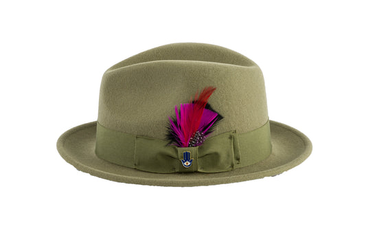 Brooks Trilby Soft 100% Australian Wool Felt Body with Removable Feather olive green hat Great for Travel