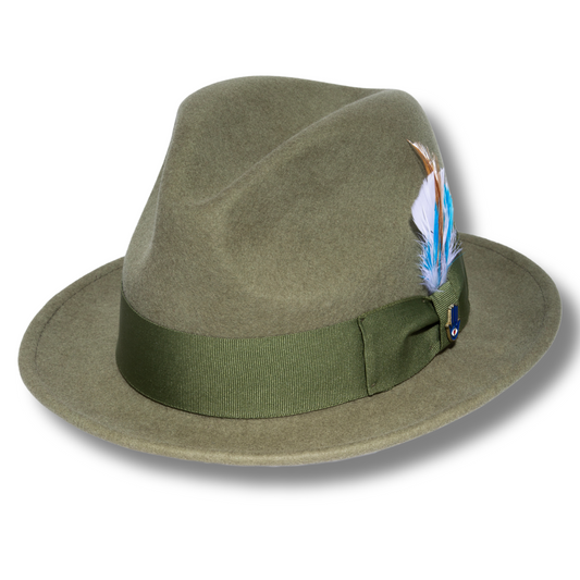 Brooks Trilby Soft 100% Australian Wool Felt Body with Removable Feather olive green hat Great for Travel